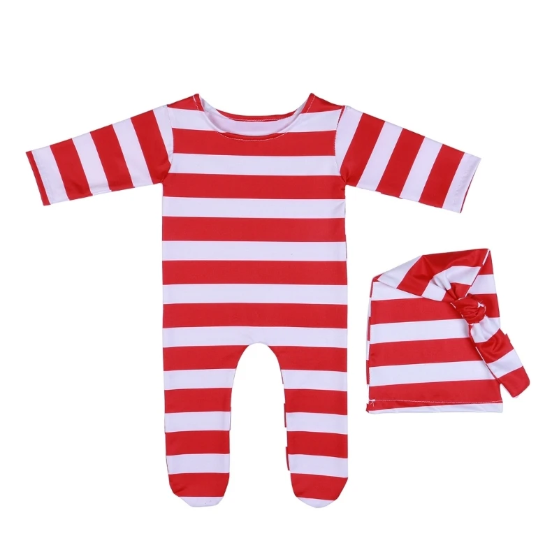 

Christmas Costume Newborn Baby Photography Props Outfit Red White Stripe Elf Outfits with Santa Hat Santa Clothes