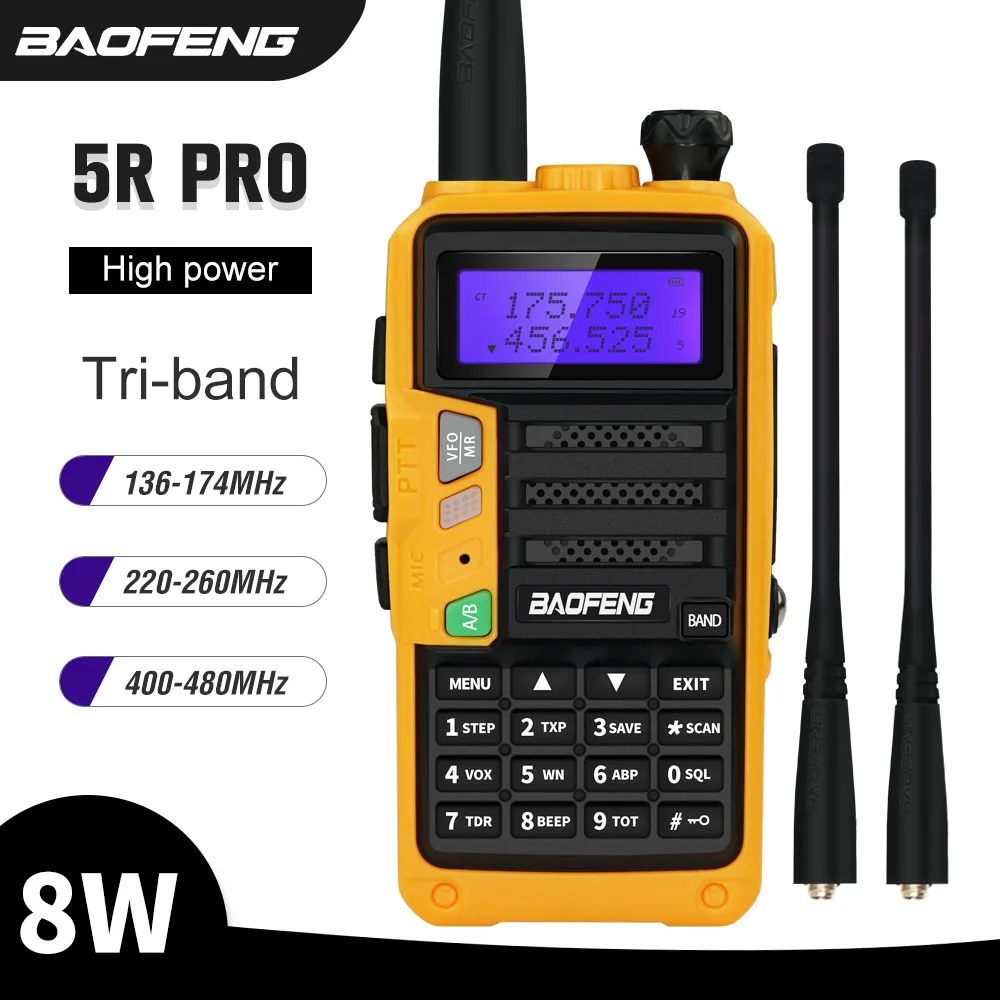 BaoFeng Tri-Band UV-5R Pro Walkie Talkie 8W Two Way Radio 220-260MHz HF FM Transceiver UV 5R Upgrade Long Talk Range Ham Radios
BaoFeng Tri-Band UV-5R Pro Walkie Talkie 8W Two Way Radio 220-260MHz HF FM Transceiver UV 5R Upgrade Long Talk Range Ham Radios