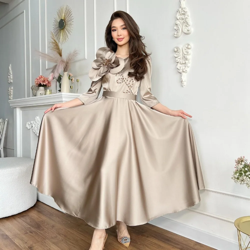 

Prom Dress Satin Beading Flower Draped Cocktail Party A-line O-Neck Bespoke Occasion Gown Midi Dresses Saudi Arabia Evening