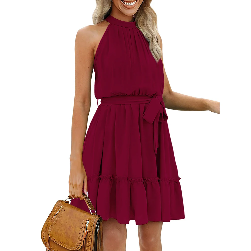 Ladies Casual Loose Short Sundress in Multiple Colors Halter Neck Sleeveless Soild Tank Dress with Lace Up and Ruffles
Ladies Casual Loose Short Sundress in Multiple Colors Halter Neck Sleeveless Soild Tank Dress with Lace Up and Ruffles