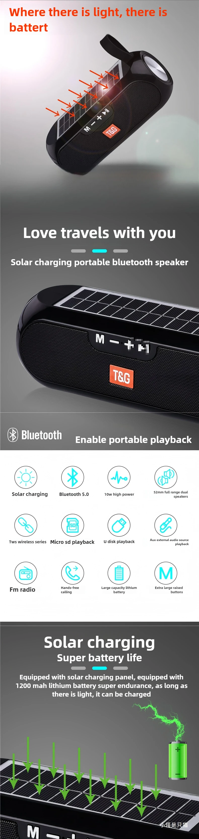 Altavoz Bluetooth con carga Solar TG182 para conducción al aire libre, altavoces portátiles con tarjeta de memoria, interconexión TWS, regalo para hombre y mujer Altavoz Bluetooth con carga Solar TG182 para conducción al aire libre, altavoces portátiles con tarjeta de memoria, interconexión TWS, regalo para hombre y mujer