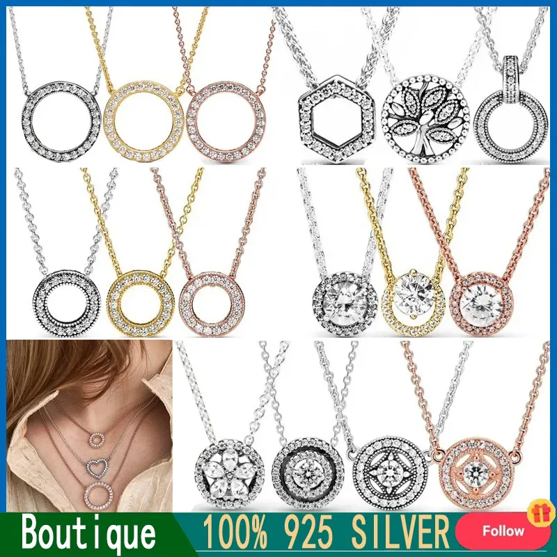 

New Women's Necklace Pav é Dense Set Sparkling Zircon Round Necklace% 925 Sterling Silver Fashion DIY Charm Jewelry Gift