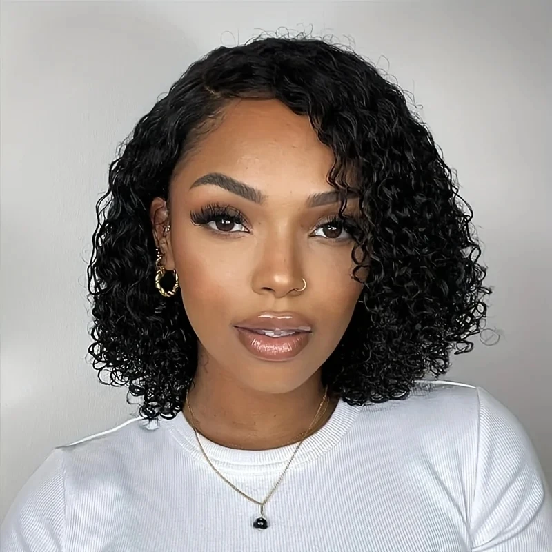 

New Style 14 Inch Deep Wave Human Bob Wig For Black Women Short Curly Wavy Middle Part Wigs 1B# Color