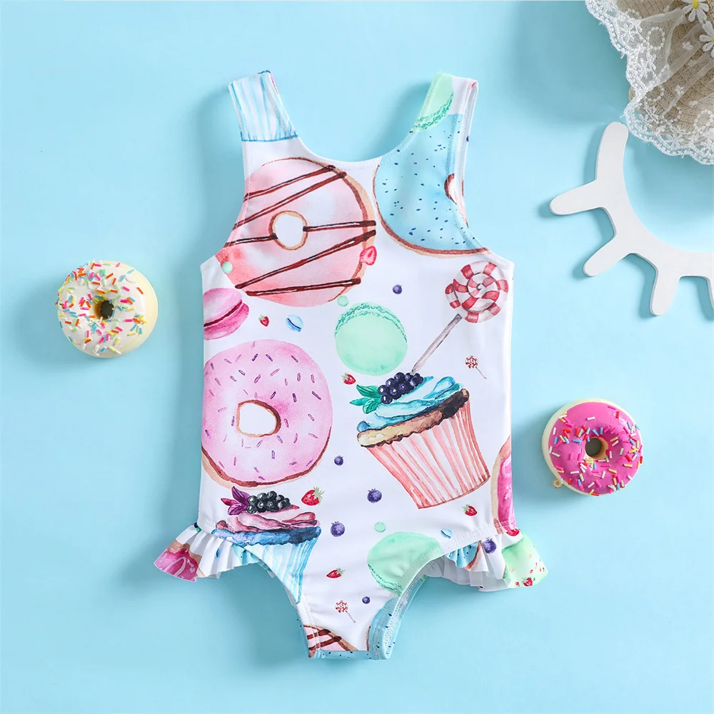 

Toddlers Summer One-piece Swimsuit Baby Girl Overall Jumpsuit Swimwear Lollipop Doughnut Cartoon Print Bathing Suit Beachwear