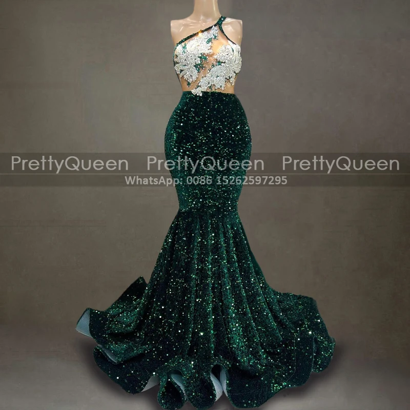 

Emerald Green Sequins Prom Dresses Pleat Mermaid Appliques Beads Sheer One Shoulder Long Pageant Dress Party Formal