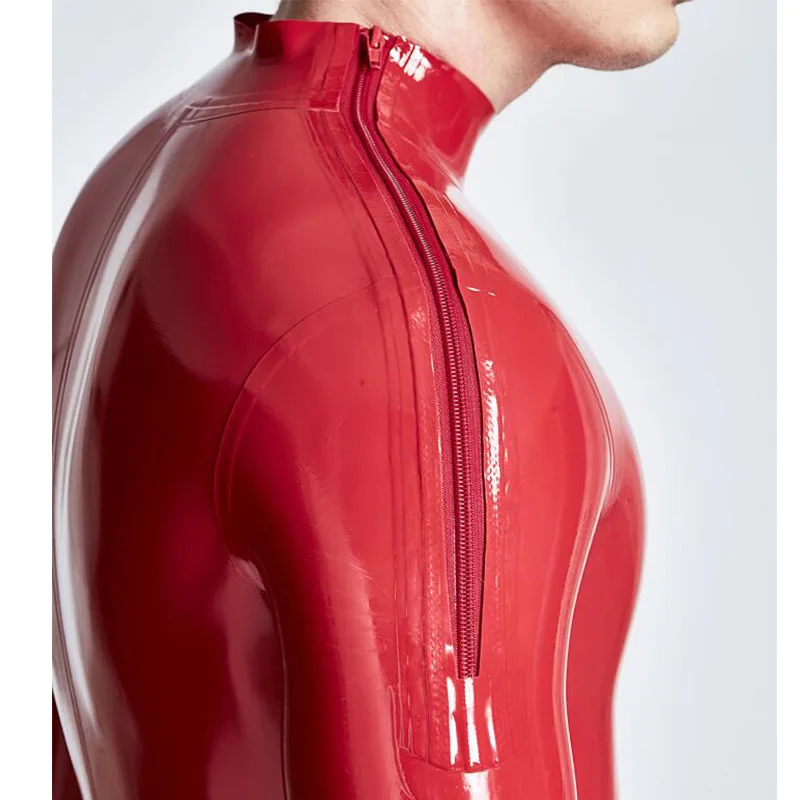 

Double Shoulder Zipper Handmade Male Red Bodysuit Latex Rubber Catsuit Custom Made Jumpsuit Men Cosplay Costumes