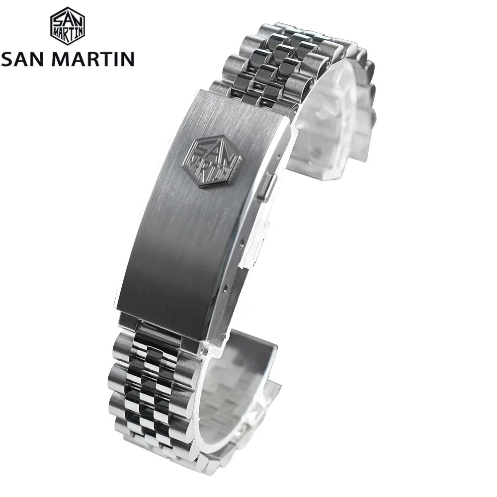 

San Martin Jubilee Bracelet Stainless Steel Watch Parts For 20mm Curved End Links Fly Adjustable Clasp For SN0008 SN0128