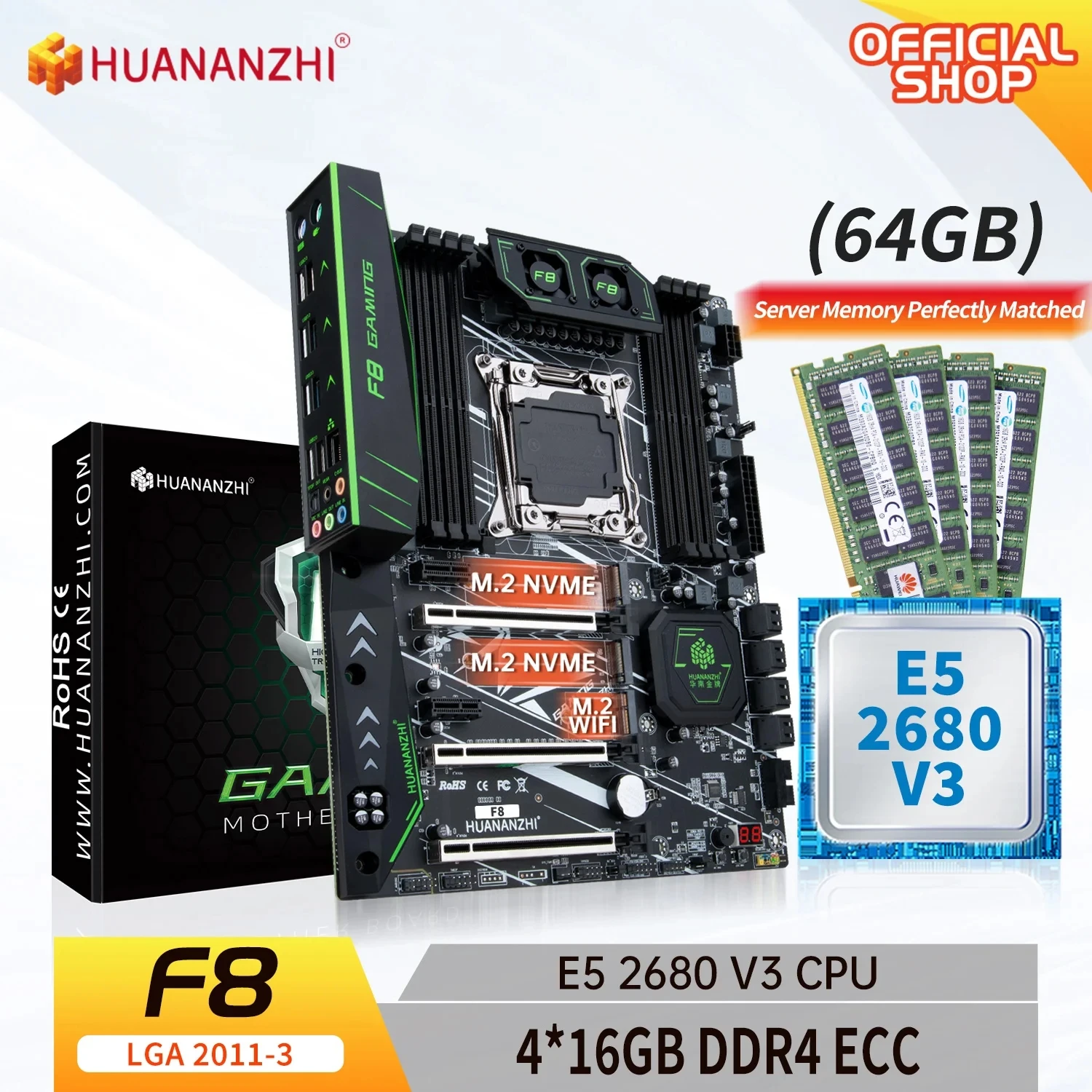 

HUANANZHI X99 F8 LGA 2011-3 XEON X99 Motherboard with Intel E5 2680 V3 with 4*16G DDR4 RECC memory combo kit set NVME SATA