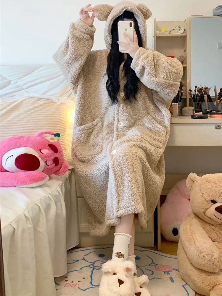 

KIMOKOKM Winter Sweety Princess Fleece Nightgown Mid-Calf Dress Kawaii Cartoon Ear Hooded Cute Keep Warm Single Breasted Pajamas
