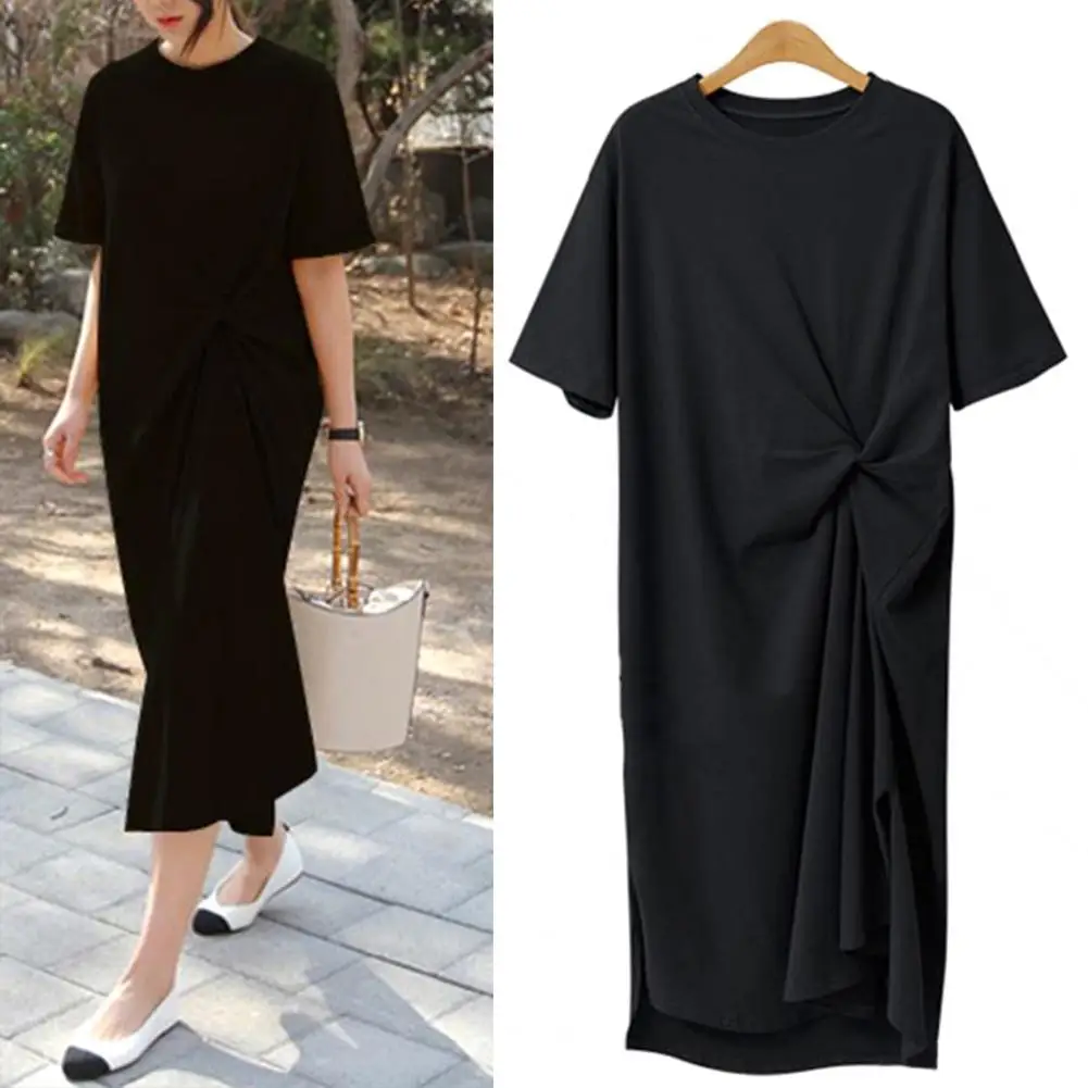 

Women Summer Dress O-Neck Short Sleeve Ruched Knot Design Midi Dress Solid Color Side Split Casual Dress Streetwear