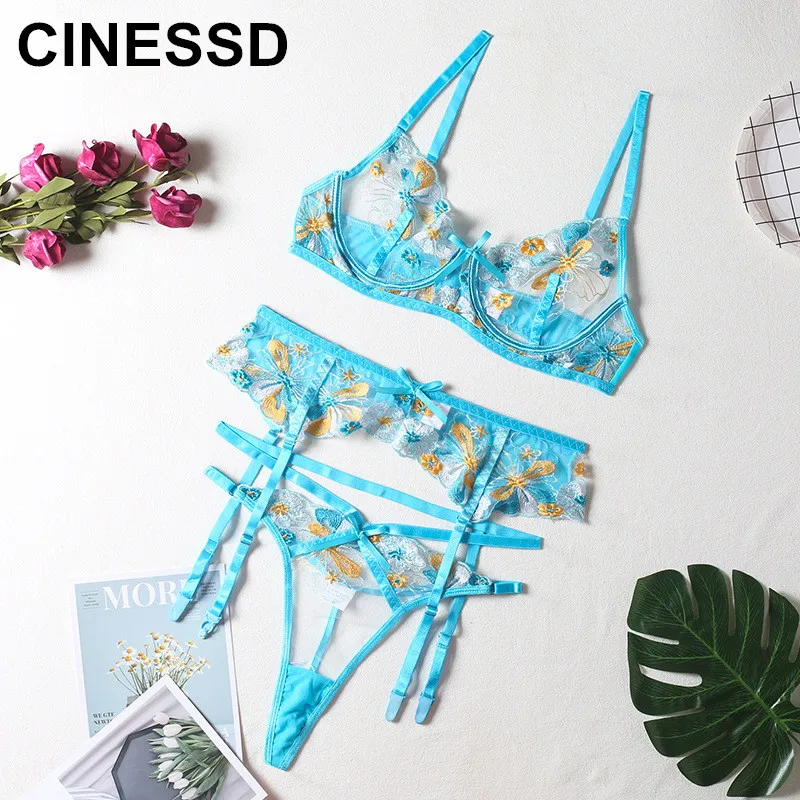 

CINESSD Sexy Lingerie Floral Embroidery Underwear Set Short Skin Care Kits Push Up Underwire Brief Sets Garters Fancy Intimate