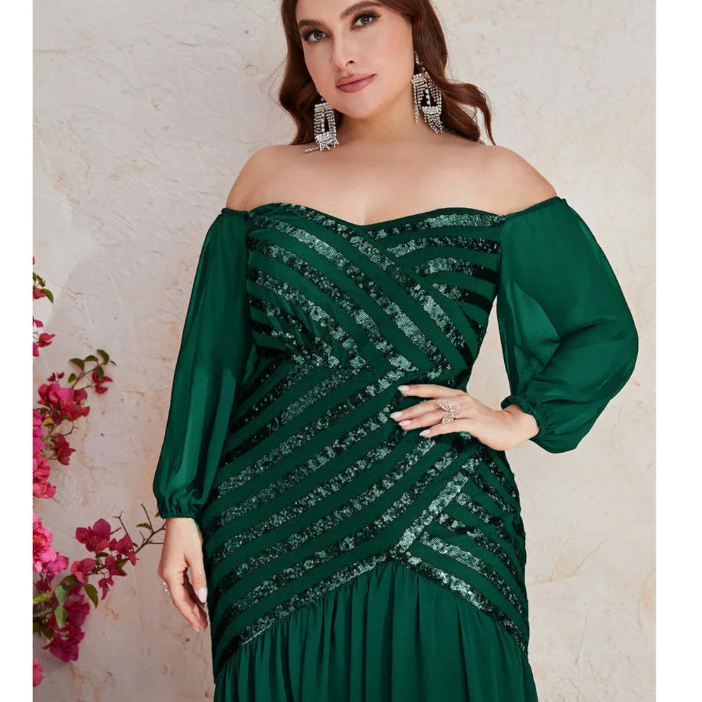 

Women Plus Size Evening Dresses Strapless Sequins Splicing Party Dresses 2023 New Sexy Green Wedding Dress Large Size Female