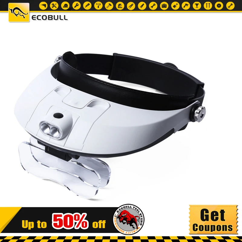 

2LED Head-Mounted Illuminating Microscope Headband Repair LED Lamp Light Magnifying Glass With 1X -3.5X Magnifier Loupe