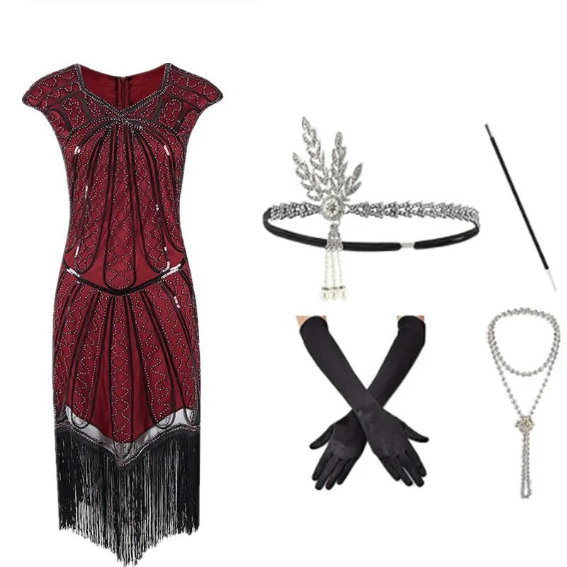 

Handmade 1920s Sequin Gatsby Ball Flapper Dress With Roaring 20s Accessory Women Fringed V-neck Clubwear Party Cocktail Dresses