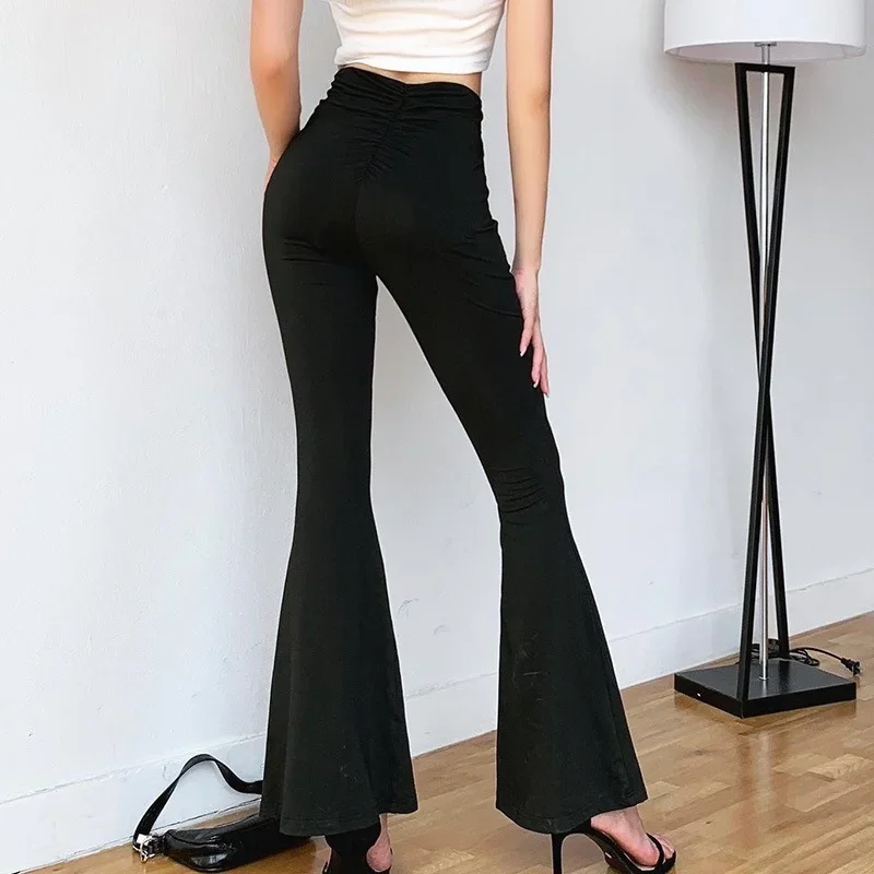 

Black Solid Color High Waist Tight-fitting Flared Pants Women 2024 Slim-fit Buttocks Female Snakeskin Spring Stretch Trousers