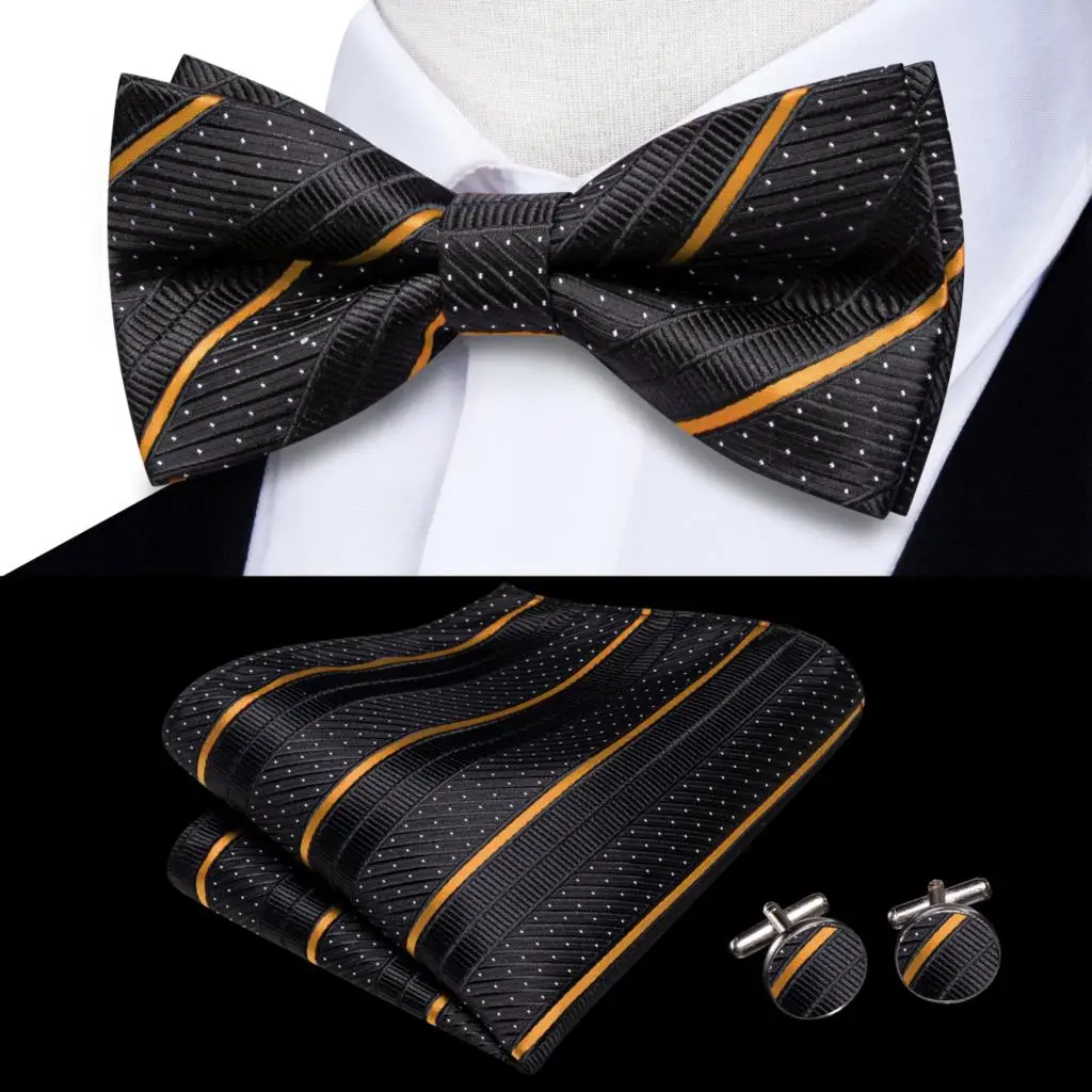 

Hi-Tie Jacquard Black Gold Striped Bowtie for Men Silk Butterfly Tie Bow Tie Hanky Cufflinks Wedding Party Gift Bowtie Wholesale