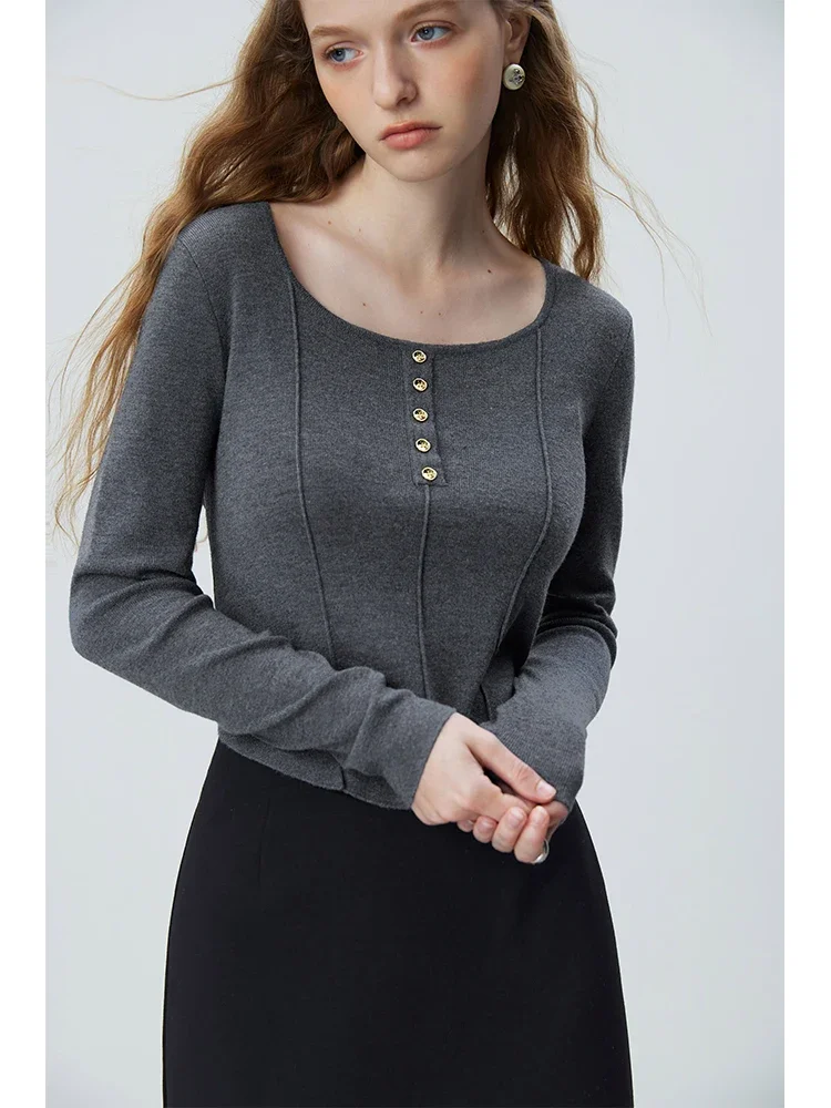 

FSLE Early Autumn Large U-neck Design Knitted Top For Women Long Sleeve Curved Hem Slim Fit Bottoming Shirts Female Solid Tops