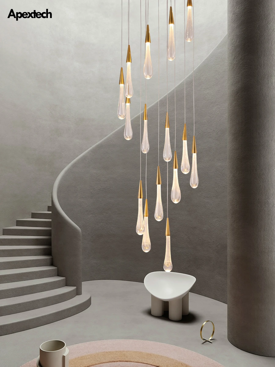 

Water Droplets LED Pendant Lights Long Cable Staircase Lamp Duplex House Stair Light Villa Hall Ceiling Hanging Pendant Lamp