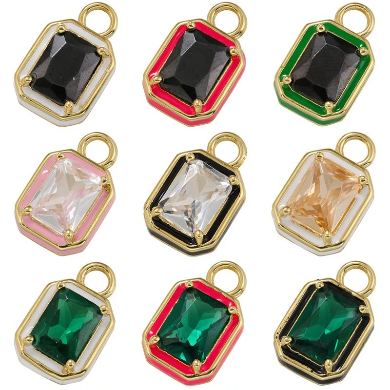 

4 Pcs Rectangle Gemstone Enamel Necklace Pendants for Jewelry Making Materials Micro Paved Color Zircon Stereo Charms Supplies