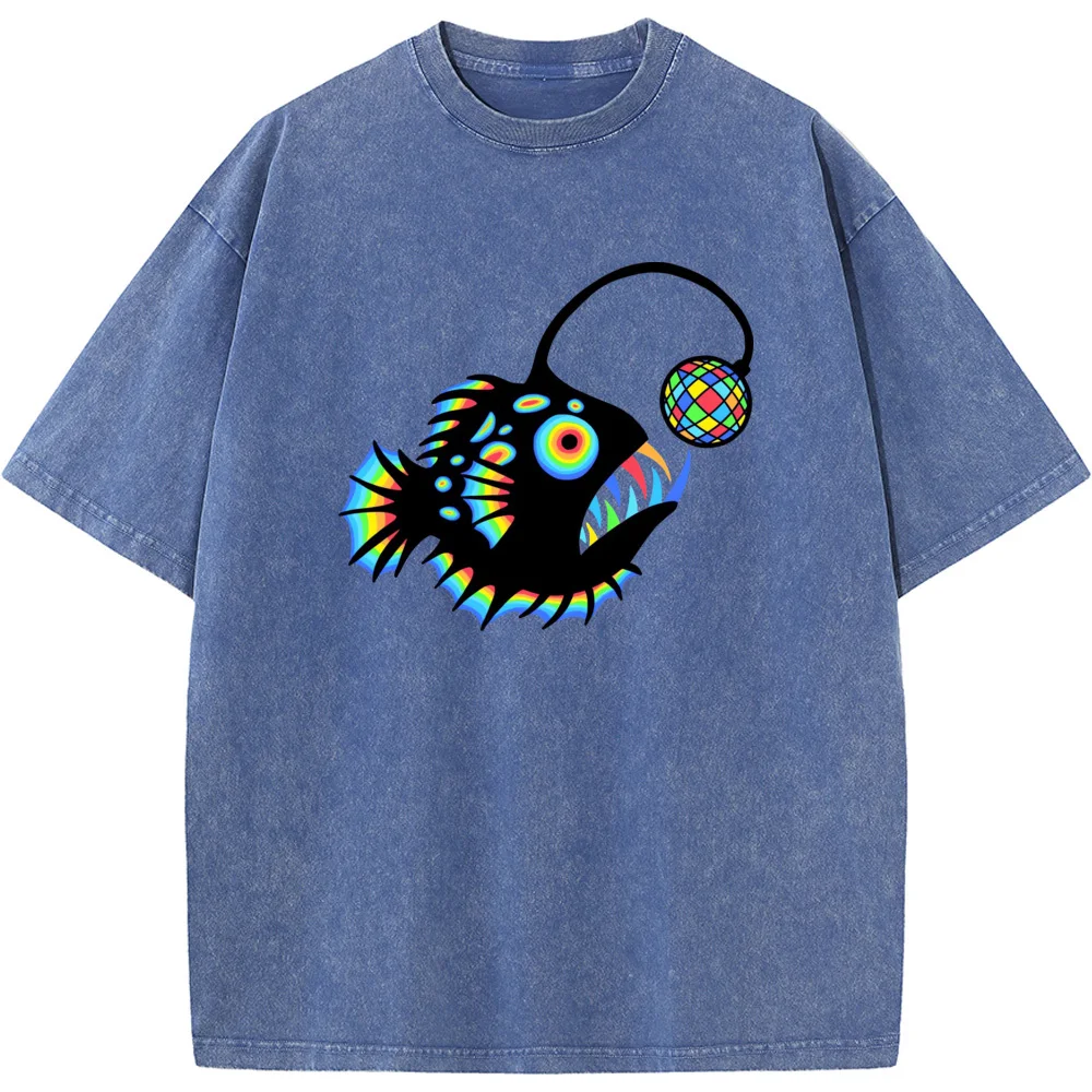 

Colorful Deep Sea Lantern Fish Short-Sleeved T-shirt 230 Grams Of High-Quality Washed Old Tshirt Vintage Colored Mens T-shirts