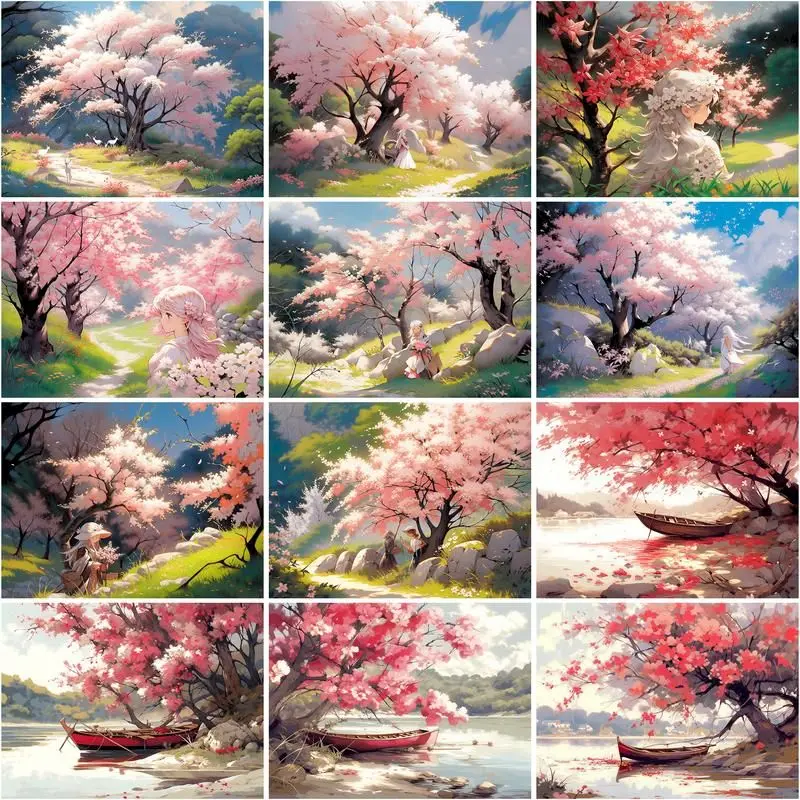 

CHENISTORY Oil Painting By Number Natural Scenery Coloring By Numbers For Adults Modern Picture Peach Blossom Tree Wall Art Gift