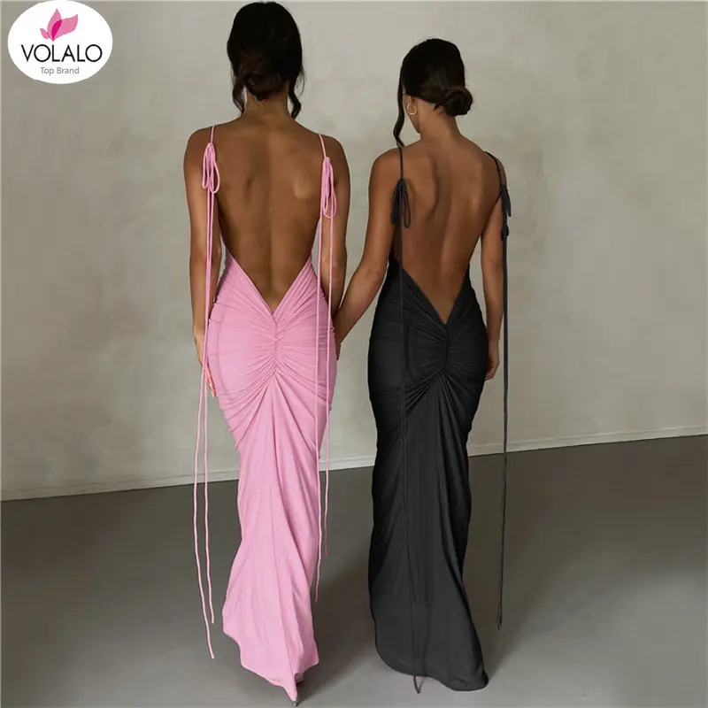 

VOLALO Sexy Backless Women's Party Dress Maxi Slip Sheath Long Female Dresses Solid Ruched Slim Lady Eveing Robe Spring Summer