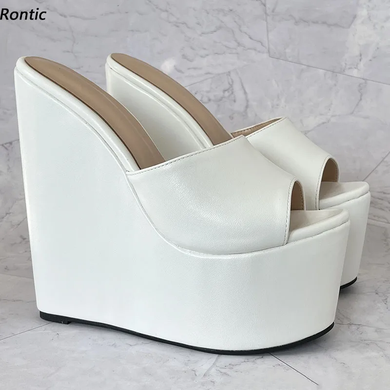 

Rontic Handmade Women Summer Platform Mules Sandals Wedges High Heels Round Toe Beautiful White Party Shoes US Plus Size 4-15