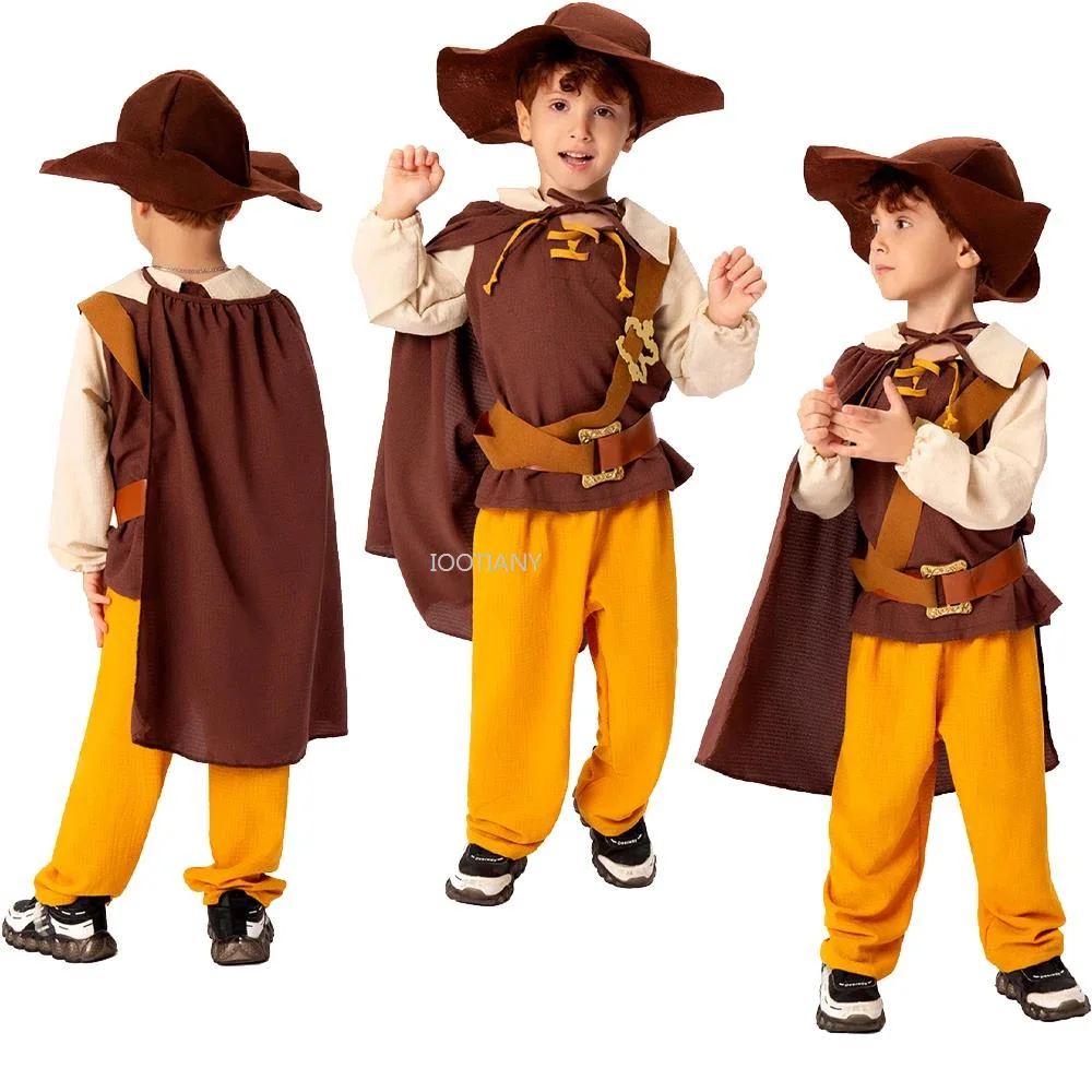 

New Kids Children Medieval Knight Cosplay Costume Retro Soldier Top Pants Hat Cloak Outfit Carnival Court Style Performance Suit