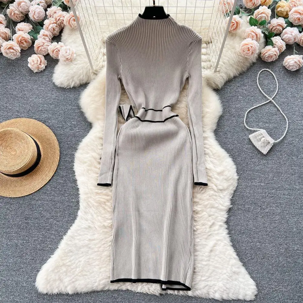 

Long-sleeved Knitted Dress Elegant Vintage High Neck Maxi Dress with Belted Waist Split Hem Women's Long Sleeve Knitted Sheath