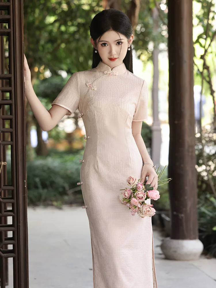 

Pink Flower Print Qipao Elegant Chinese Styl Dress Women Vintage Mandarin Collar Cheongsams Elegant Satin Vestidos Long Qipao