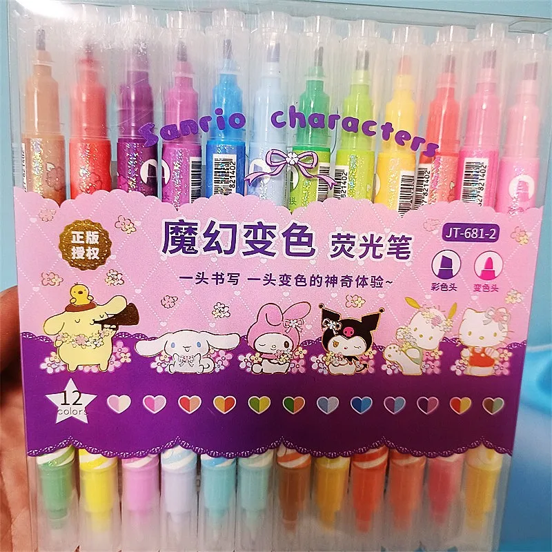 12pcs Sanrio Pen Kuromi Mymelody Cinnamoroll Double Headed Magic Color Changing Highlighter for High Appearance Level Students
12pcs Sanrio Pen Kuromi Mymelody Cinnamoroll Double Headed Magic Color Changing Highlighter for High Appearance Level Students