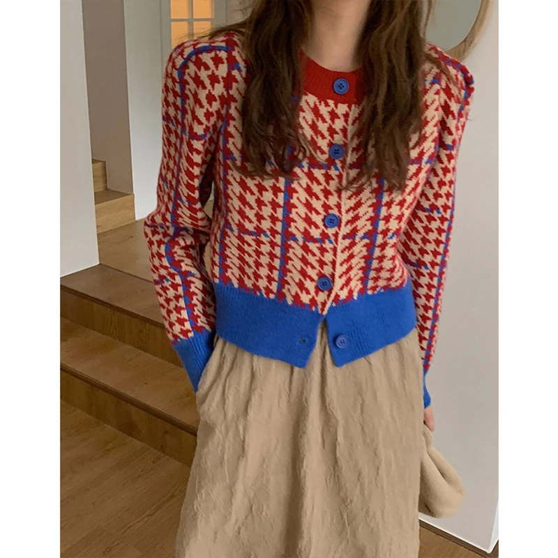 Vintage Sweater Women Houndstooth Print O-Neck Loose Cardigans Women Spring Autumn Korean Fashion Red Knitwear Female LD2829
Vintage Sweater Women Houndstooth Print O-Neck Loose Cardigans Women Spring Autumn Korean Fashion Red Knitwear Female LD2829