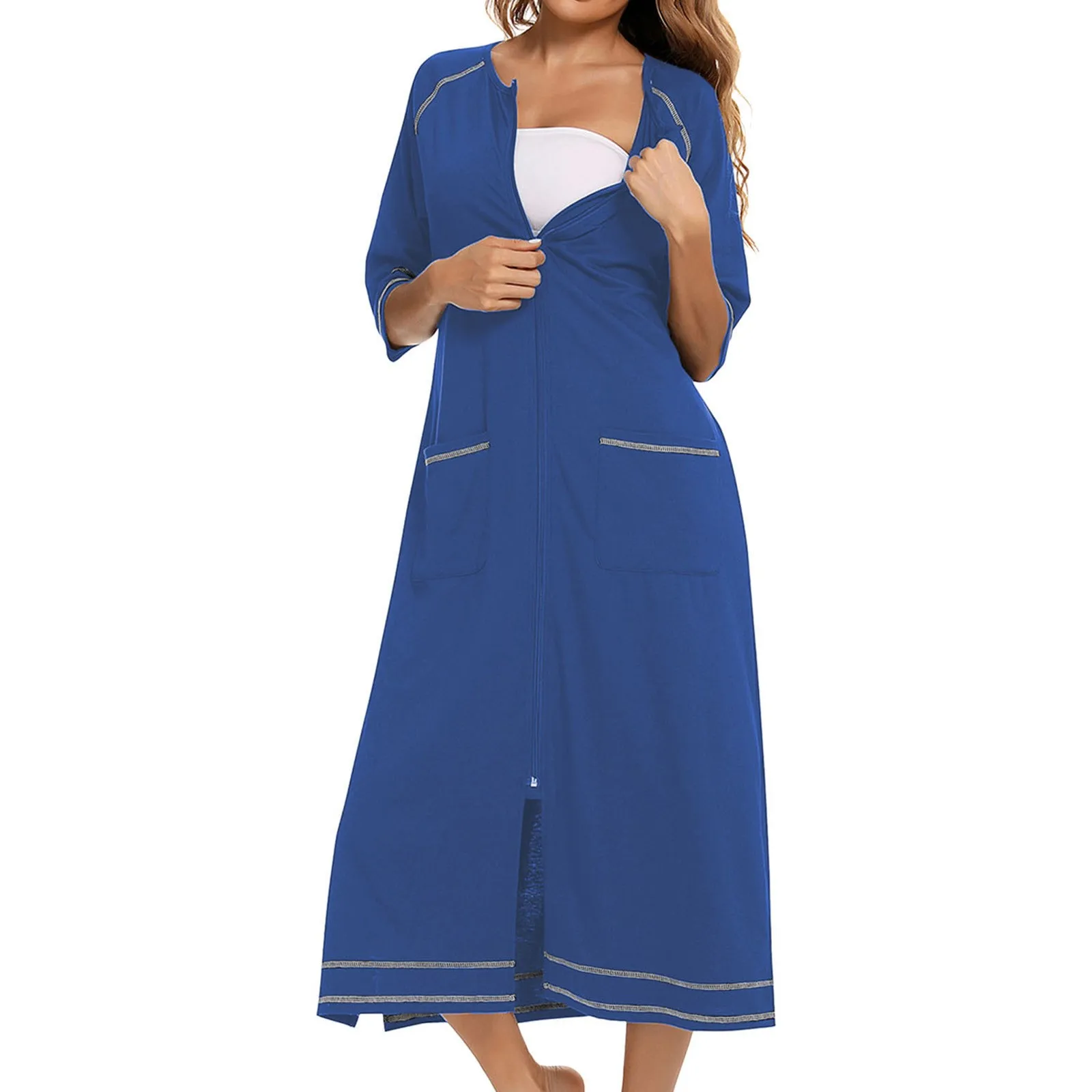 

Zipper Front Robes Women House Coat Half Sleeve Bathrobe Loungewear Long Nightgown With Pockets Women Long Dresses