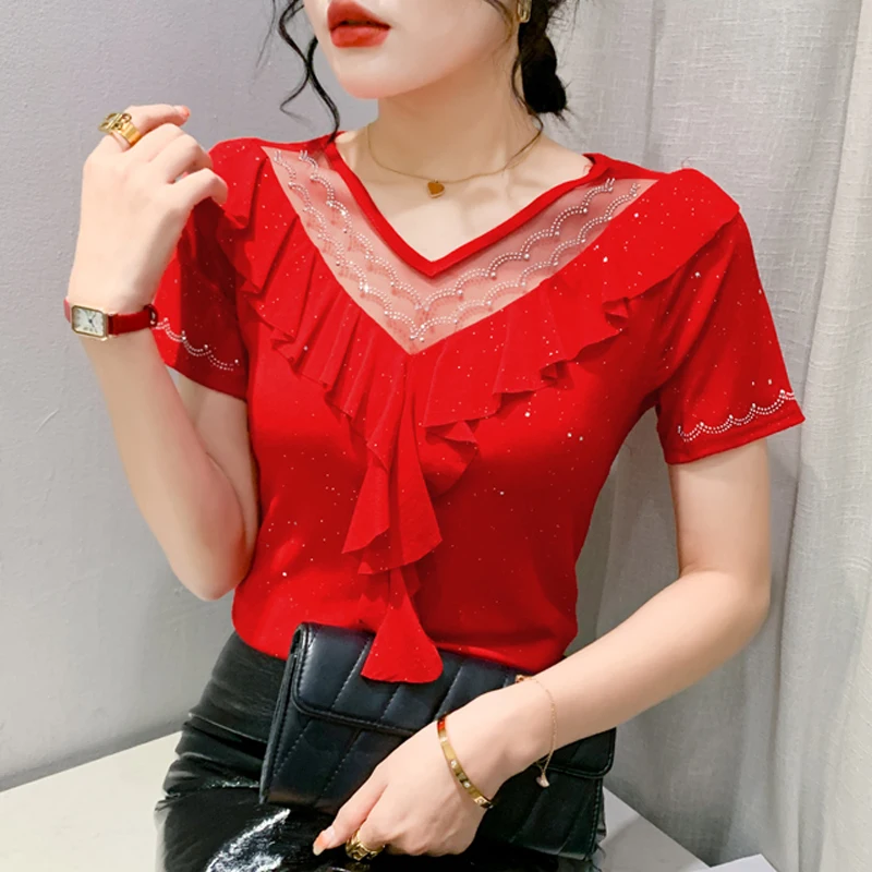 2023 Summer New Fashion Mesh Shirt Women Patchwork Diamond Ruffle Tops V-neck Short sleeved T shirt
2023 Summer New Fashion Mesh Shirt Women Patchwork Diamond Ruffle Tops V-neck Short sleeved T shirt