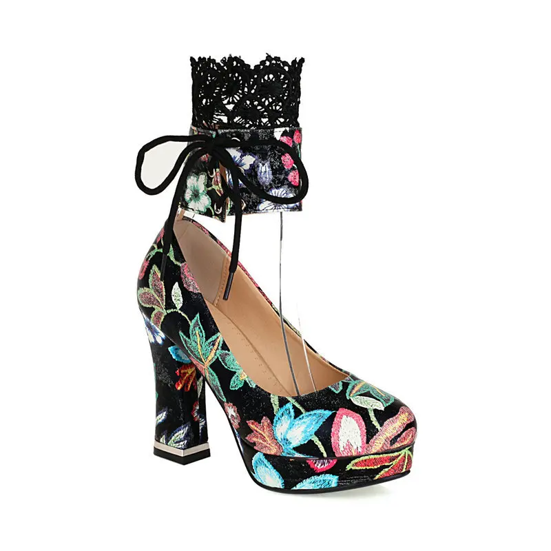 Retro Embroidery Printed Women's High Heel Shoes Lace Lace Strap Round Head Thick Heel Heightened Women's Wedding Shoes Large 43
Retro Embroidery Printed Women's High Heel Shoes Lace Lace Strap Round Head Thick Heel Heightened Women's Wedding Shoes Large 43