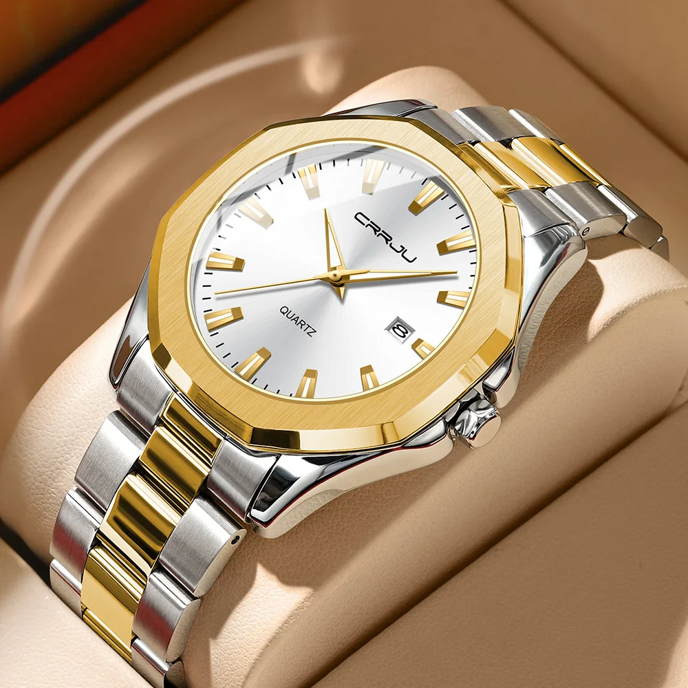 

CRRJU Top Brand Luxury Man Wristwatch Waterproof Luminous Date Week Men Watches Stainless Steel Quartz Men's Watch Male