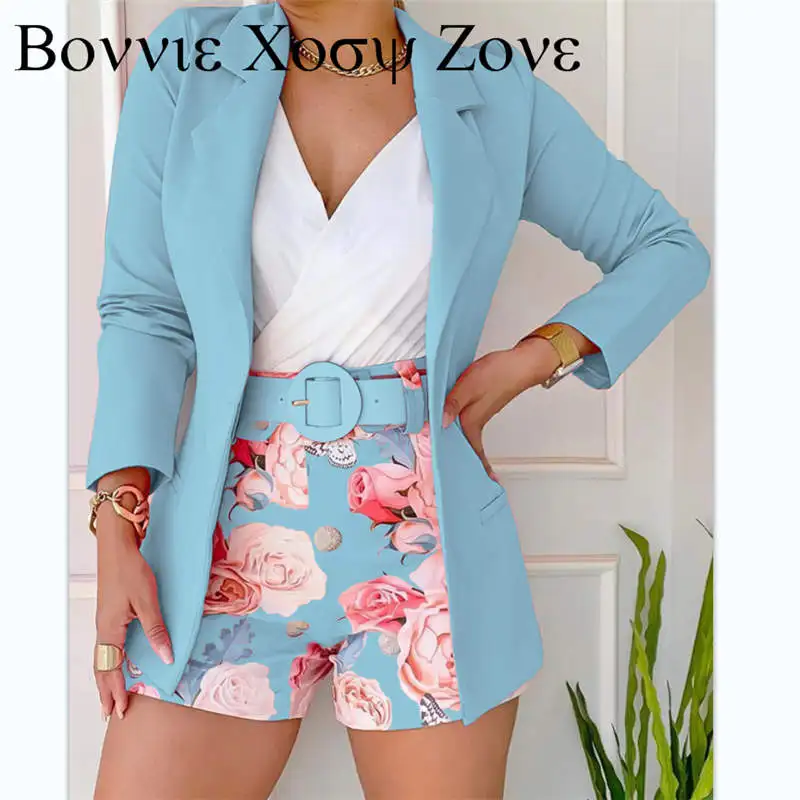 Women 2pc Set Long Sleeve Blazer & Floral Print Shorts Set Blazer Set With Belt Without White Top)
Women 2pc Set Long Sleeve Blazer & Floral Print Shorts Set Blazer Set With Belt Without White Top)