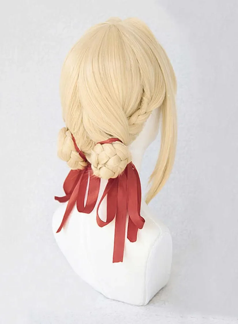 

Violet Evergarden Ponytail Braid Buns Blonde Hair Heat Resistant Cosplay Costume Wig Cap Ribbon Y09133254403