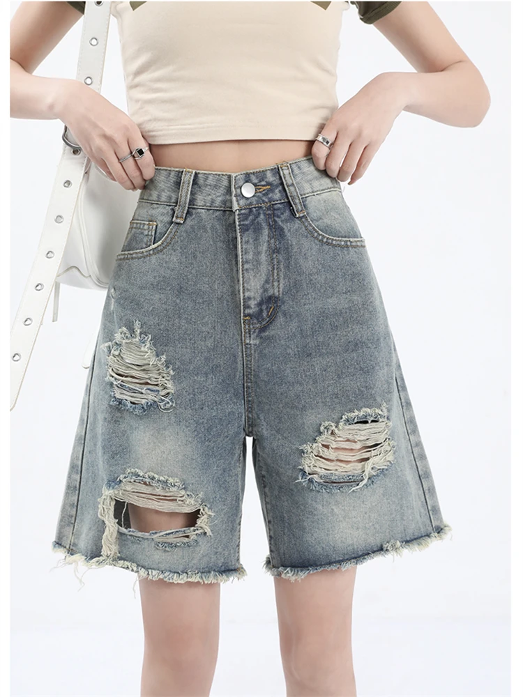 

Women's Multiple Hole Designs Wide Leg Retro Blue Denim Shorts Unisex Style Capris Summer Female High Waist Loose Short Jeans