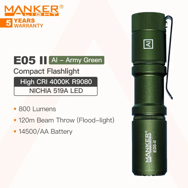 

Manker E05 II (Al-Army Green, High CRI Version, 4000K R9080) Compact EDC Flashlight, NICHIA 519A LED 1300 Lumens, 14500 or AA