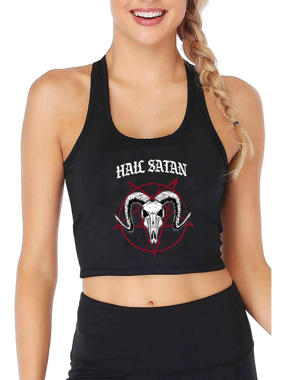 

Hail Satan Goat Skull And Pentagram Pattern Tank Tops Women's Personality Breathable Slim Fit Crop Top Gym Camisole