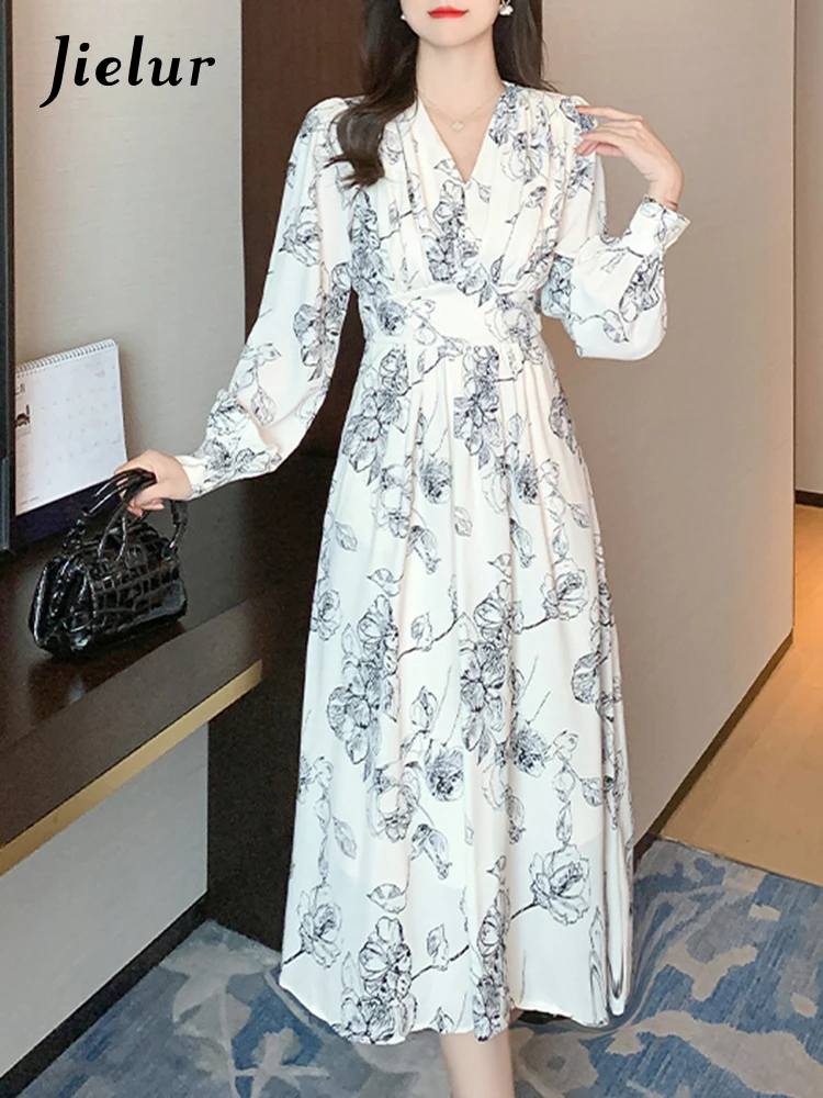Jielur New Vintage V-neck Fashion Office Lady Print Female Floral Dresses Elegant Slim Waist Long Sleeve Autumn Women Midi Dress
Jielur New Vintage V-neck Fashion Office Lady Print Female Floral Dresses Elegant Slim Waist Long Sleeve Autumn Women Midi Dress