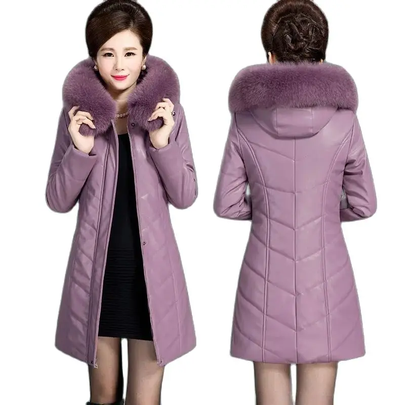 

Women Winter Add Thick Leather Jacket Coat PU LeatherHooded Fur Collar Slim Fit Add Cotton Female Medium Long Outcoat Tops 6XL