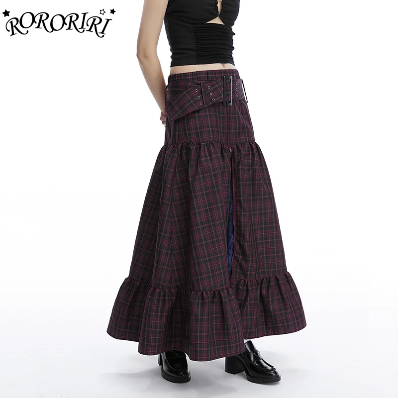 

RORORIRI Retro Plaid Belted Maxi Long Skirt Women Elastic Waist Ruffle Zipper Spliced Balloon Skirt Steampunk Y2k Streetwear