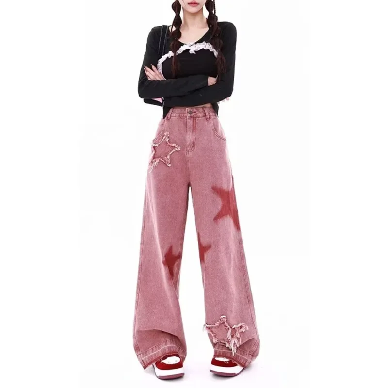 

American Retro Jeans Five-point Star Raw Edge Splicing Loose Wide-leg Jeans Women Look Thin Trendy All-match Mopping Pants Women