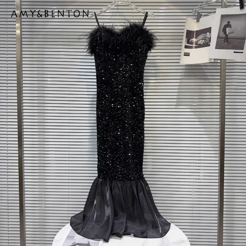 2024 Spring New Dark Vestidos Socialite Fur Collar Covered Sequined Fishtail Strap Dress Banquet Dresses For Women's Clothes
2024 Spring New Dark Vestidos Socialite Fur Collar Covered Sequined Fishtail Strap Dress Banquet Dresses For Women's Clothes
