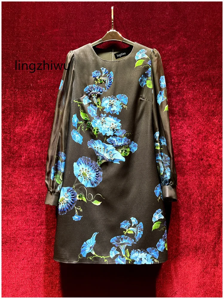 

lingzhiwu Print Dress Vintage Design Handmade Beading Long Sleeve Loose Waist Dresses Female Elegant 2024 New Arrive