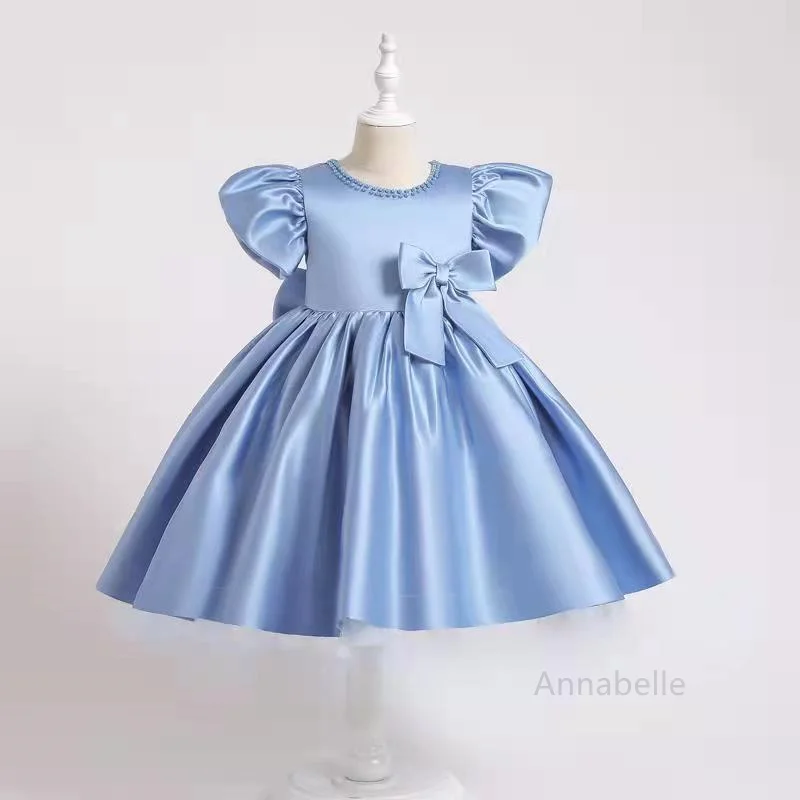

Annabelle Big Bow Dresses for Girl Round Neck Satin Flower Girl Dress for Wedding Or Birthday Party Puff Sleeve Kid's Gowns