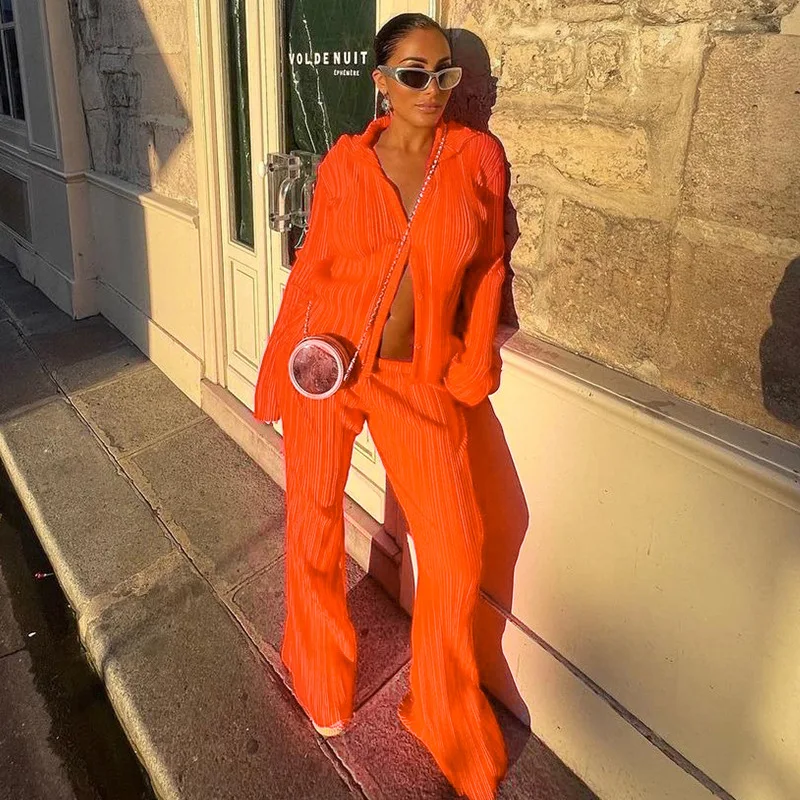 Elegant Solid Pleated 2 Piece Set Women Sexy Button Long Sleeve Shirt Top + Wide Leg Pants Loose Tracksuit Women Lady Suits
Elegant Solid Pleated 2 Piece Set Women Sexy Button Long Sleeve Shirt Top + Wide Leg Pants Loose Tracksuit Women Lady Suits