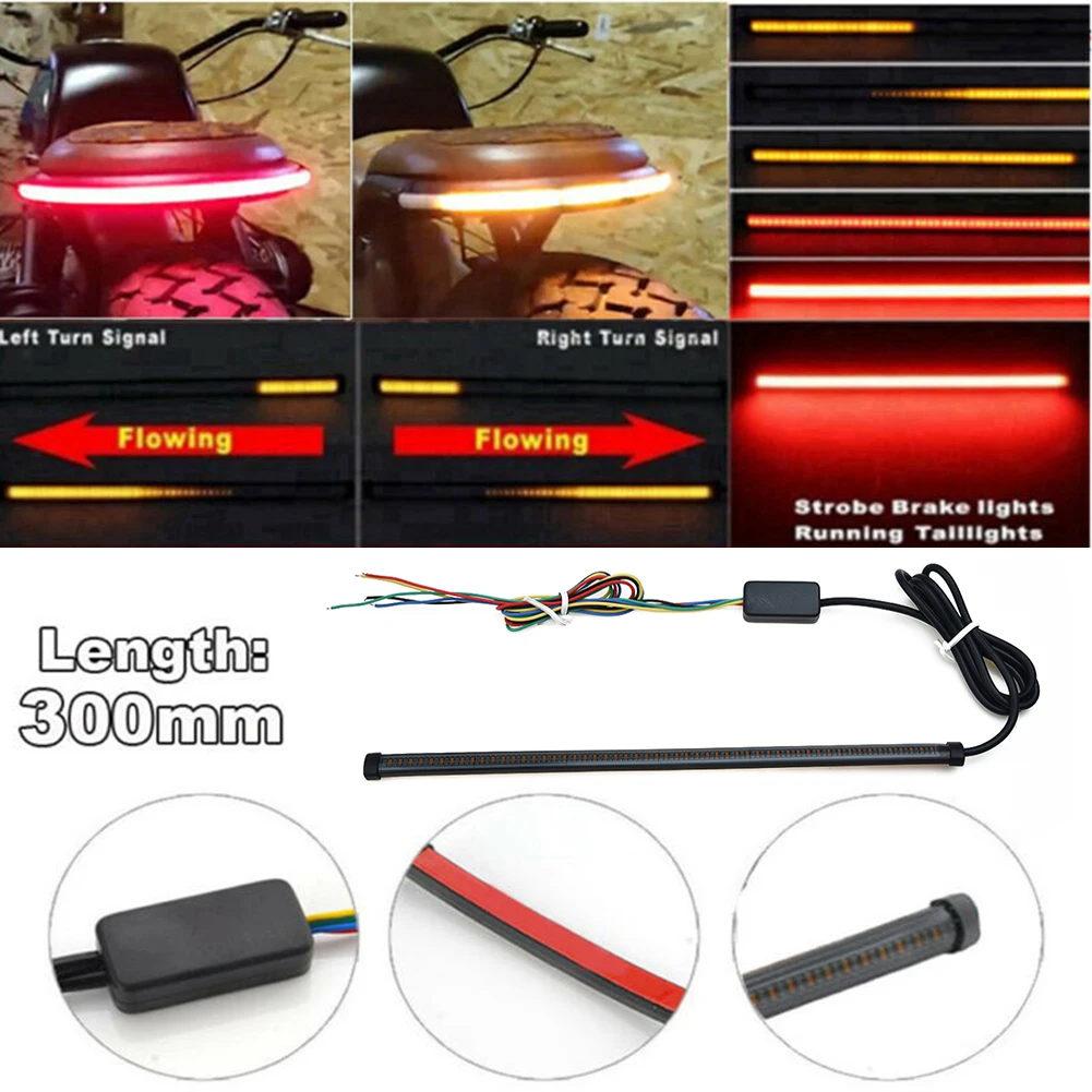 

1*LED 30CM Motorcycle Red Amber Flow LED Strip Light 12-24V 8000k Motorcycle LED Tail Brake Flashing Lights